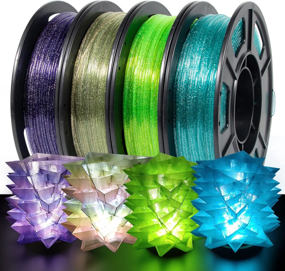 PETG Glitter 3D Printer Filament Set 4 Kleuren 1,75 mm Lichtdoorschijnend