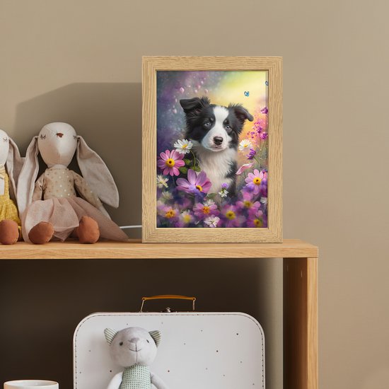 Nachtlampje 15x20 cm - Kinder lampje - Hond - Bloemen - Natuur - Puppy - Bordercollie - Tafellamp kinderkamer - Slaapkamer lamp - Bedlamp kinderen - Kinderlampje stopcontact - Wandlamp babykamer - Nachtlampjes van OnlyWow — afbeelding 3
