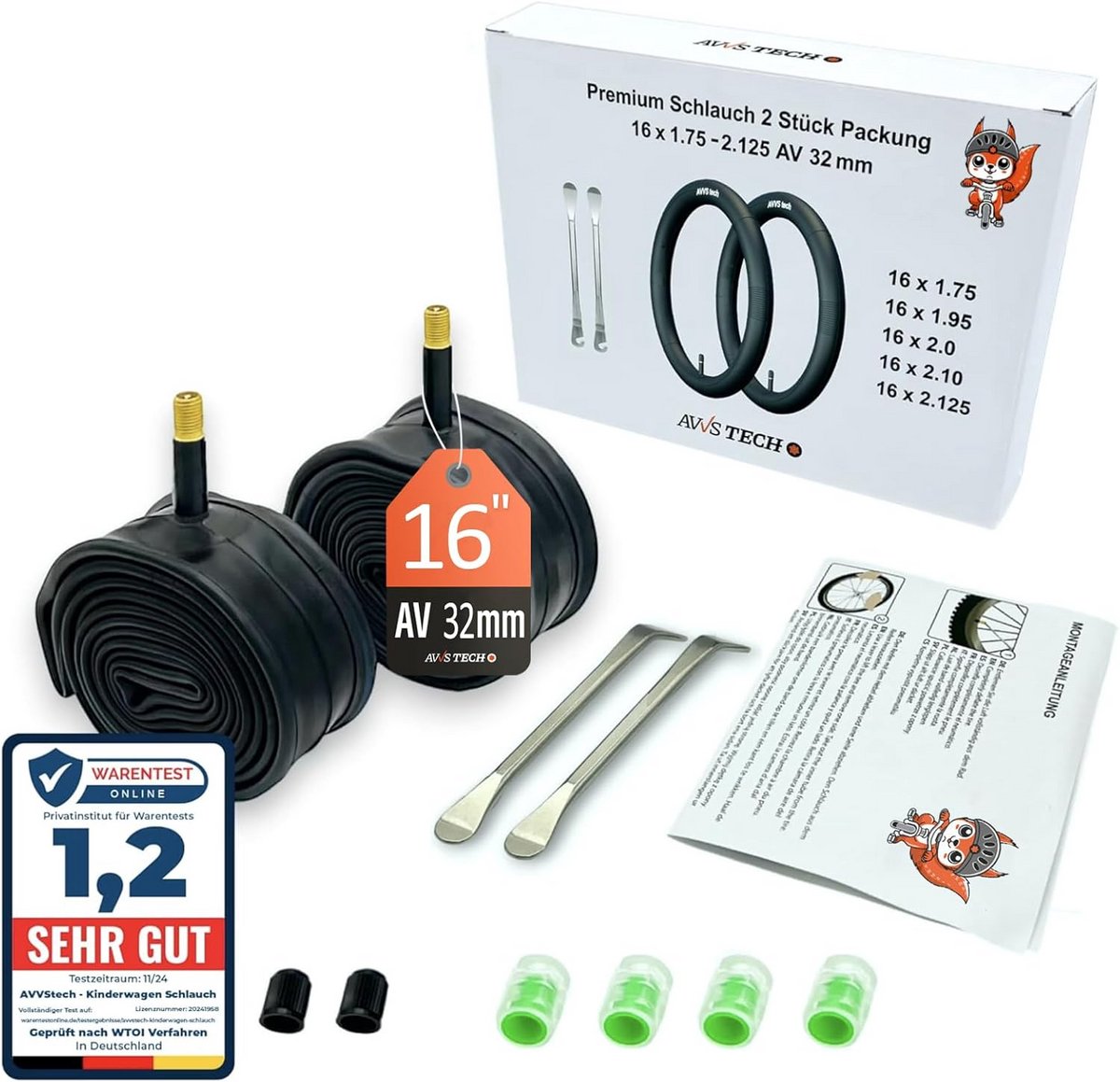 16x Binnenbanden voor Kinderfiets, Buggy & Aanhanger - 16 Inch met Auto Ventiel (40mm) - 16 Stuks Inclusief Bandenlichters