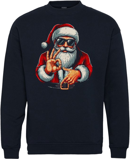 Donkere kerstrui met opdruk van een hippe kerstman met zonnebril en kerstmuts, die oké-tekens maakt.