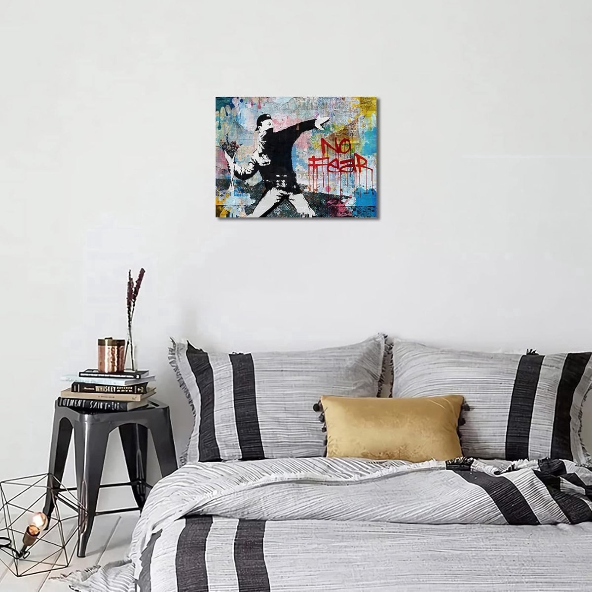 Stunq® Banksy Canvas muurkunst Rage Flower Thrower Foto's Graffiti Street Art Print Man Gooi Bloem Boeket Geen Angst Inspirerend Kleurrijke Pop Cultuur Canvas Kunstwerk Home Wanddecoratie 30 cm x 40 cm