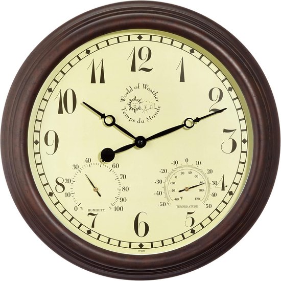 Grote buitenklok, vintage retro waterdichte klokken met thermometer en hygrometer, stil, niet-tikkende weerbestendige klok, metalen decoratieve klok voor terras, zwembad, Lanai, hek, veranda - 45 cm