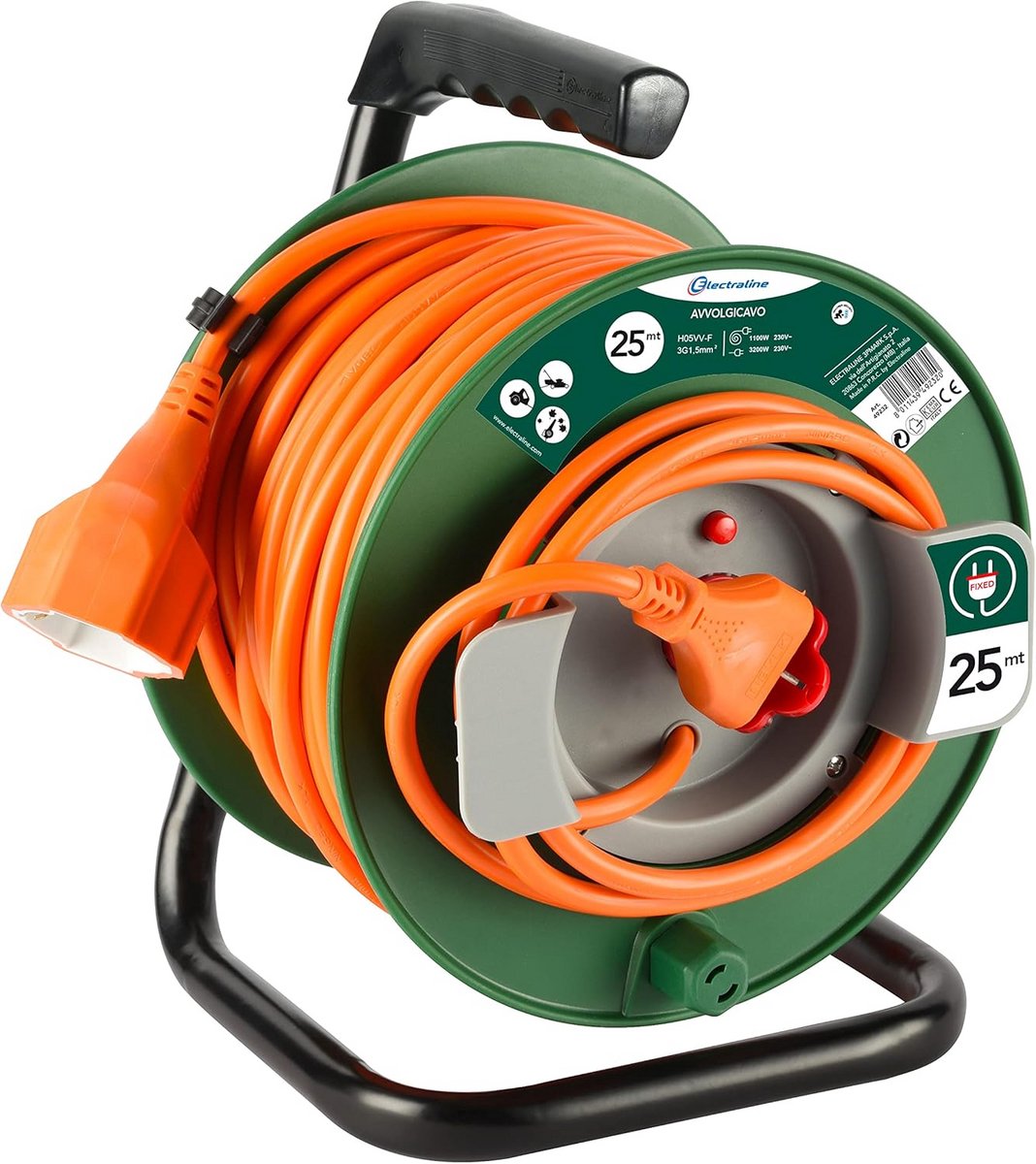 25 Meter Kabelhaspel met Universeel Stopcontact - Tuinkabel H05VV-F 3G1,5 mm² - Thermische Beveiliging