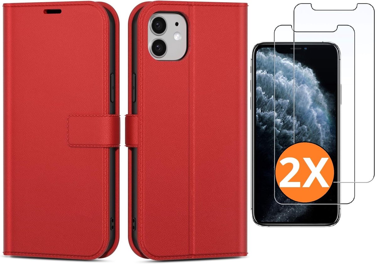 Hoesje Geschikt voor iPhone 11 hoesje bookcase Rood met screenprotectors 2 stuks