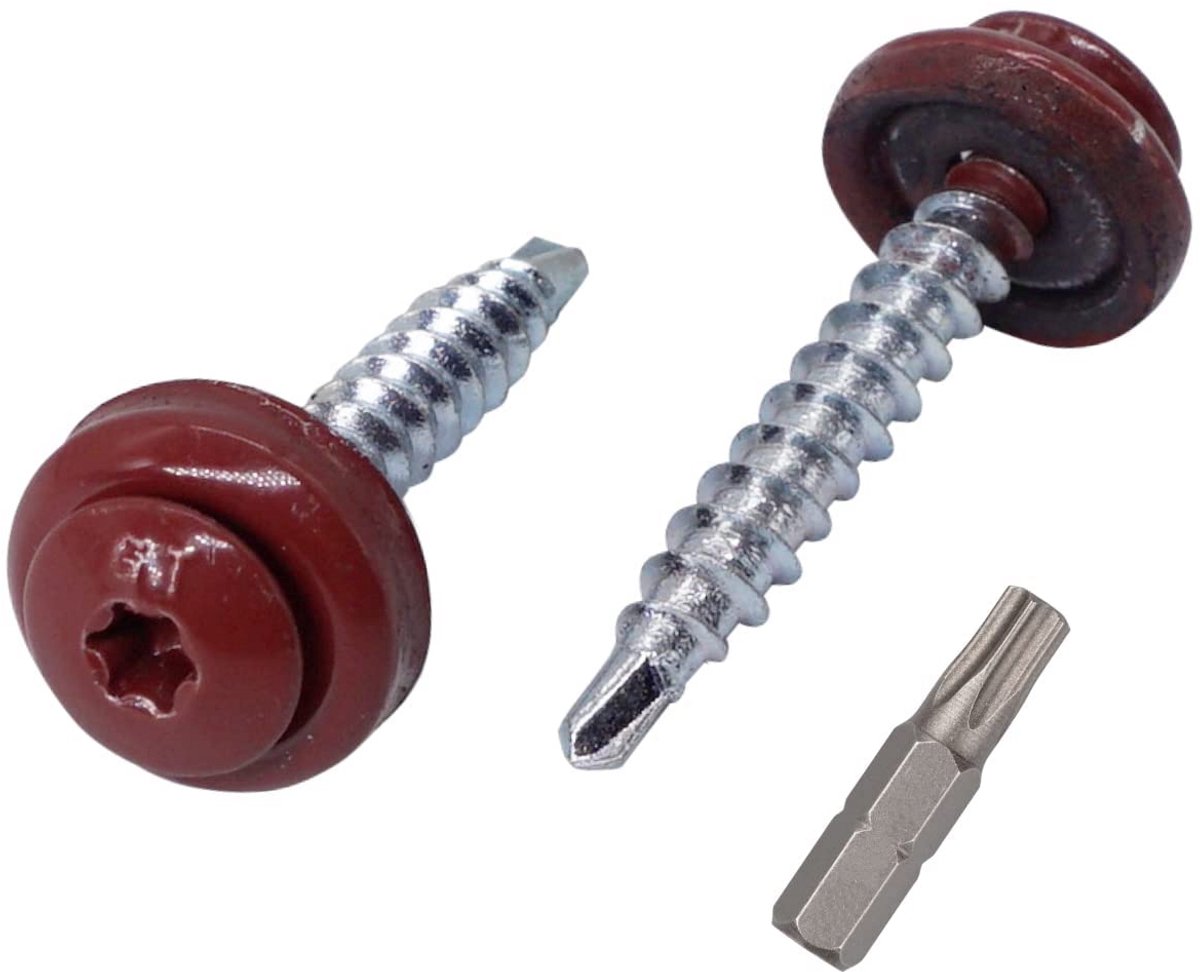 40x Zelfborende Dakschroeven 4.8x28mm Rood (RAL 3009) met EPDM Ring - Plaatmetaal Schroeve