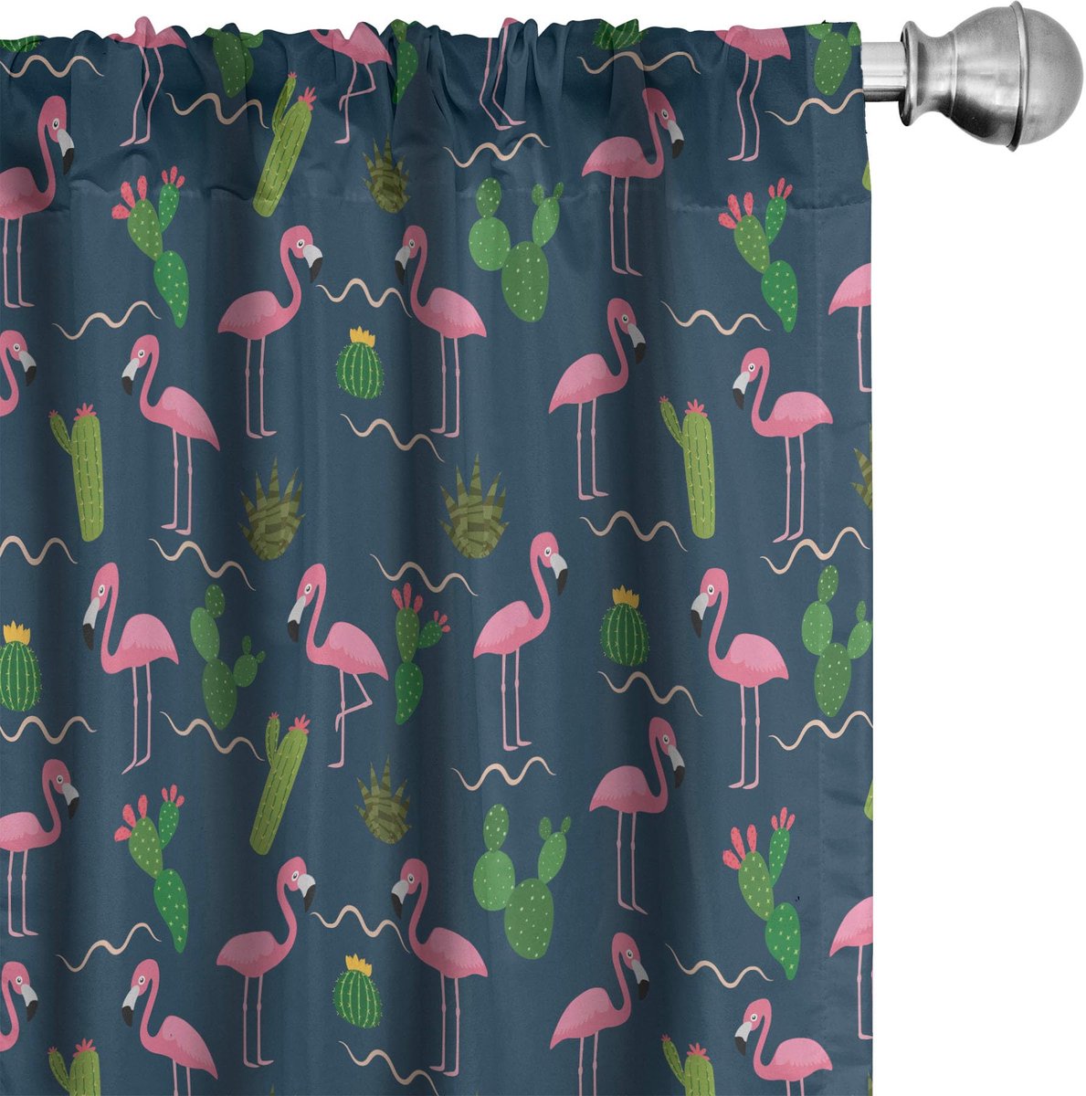 ABAKUHAUS Gordijnen – Cactus Flamingo-patroon – 2x75x245 cm – Microvezel Petrol Blau