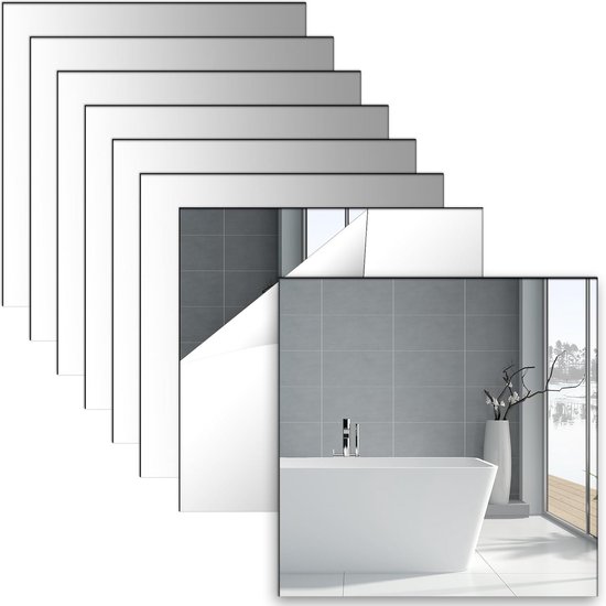 Zelfklevende spiegel tegels 4 stuks 15x15 cm met schoonmaakkrabber