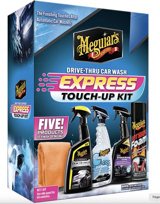 Meguiar's Express Touch-Up Kit – Ensemble complet d'entretien automobile – Intérieur, Vitres, Peinture & Pneus – Chiffon en microfibre inclus – G55254