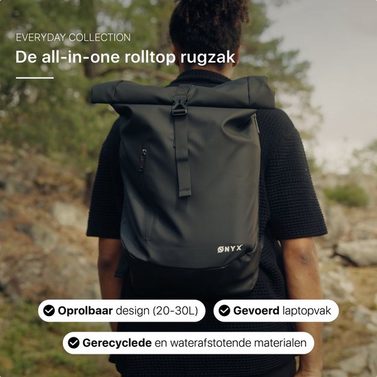 ONYX Sac à Dos Rolltop 25 à 40 L - Avec Compartiment pour Ordinateur Portable - Sac à Dos Réglable - Sac de Voyage - Résistant à l'Eau et Durable - Noir