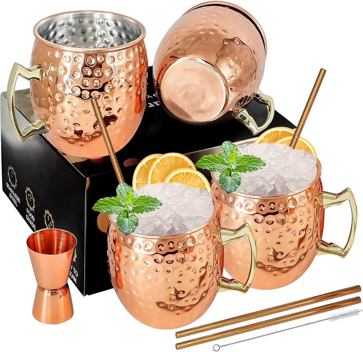 Set van 4 Koperen Cocktail Mokken 540ml RVS met Rietjes en Maatbeker