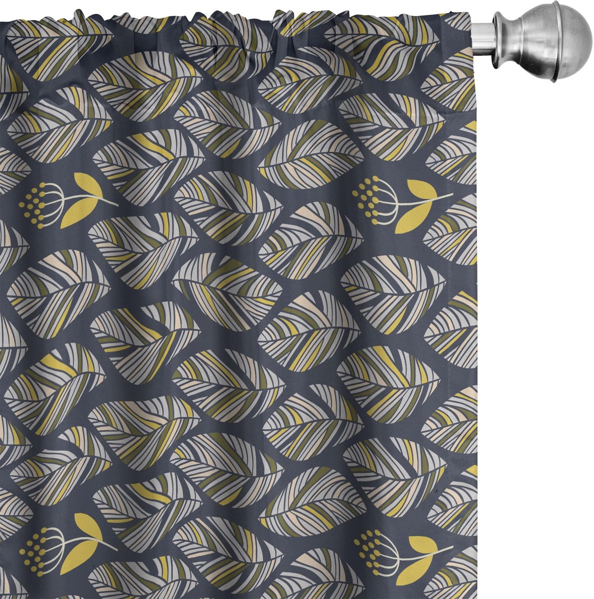 ABAKUHAUS Gordijnen met bladeren – Set van 2 – Nachtblauw/Geel, microvezel