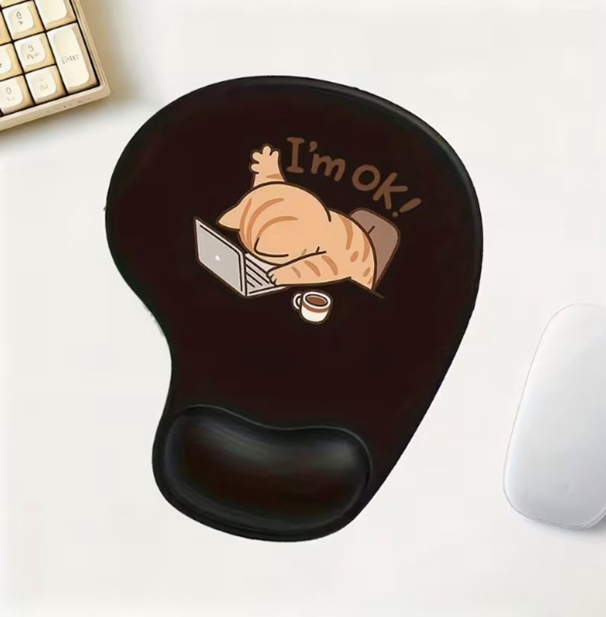 Ergonomische muismat met polssteun – “I’m OK!” Kat design – anti-slip – comfortabel werken