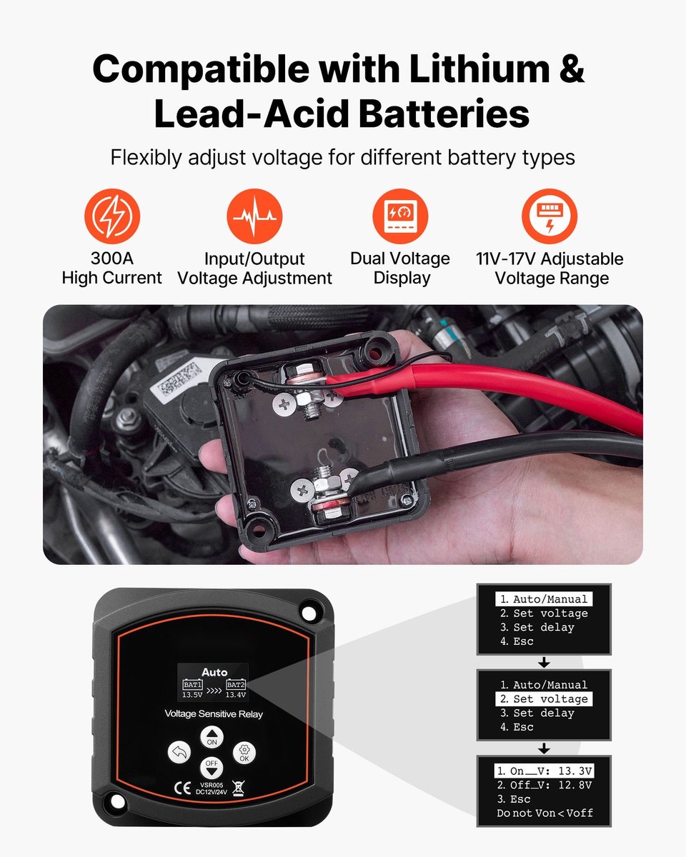 Accu-isolator - Accu-scheidingsrelais 12 V 300 A - Voor Dubbele Accu - LCD-Scherm - Intelligent - Geschikt Voor Lithium- En Loodzuuraccu's - Voor Auto, Camper En Boot
