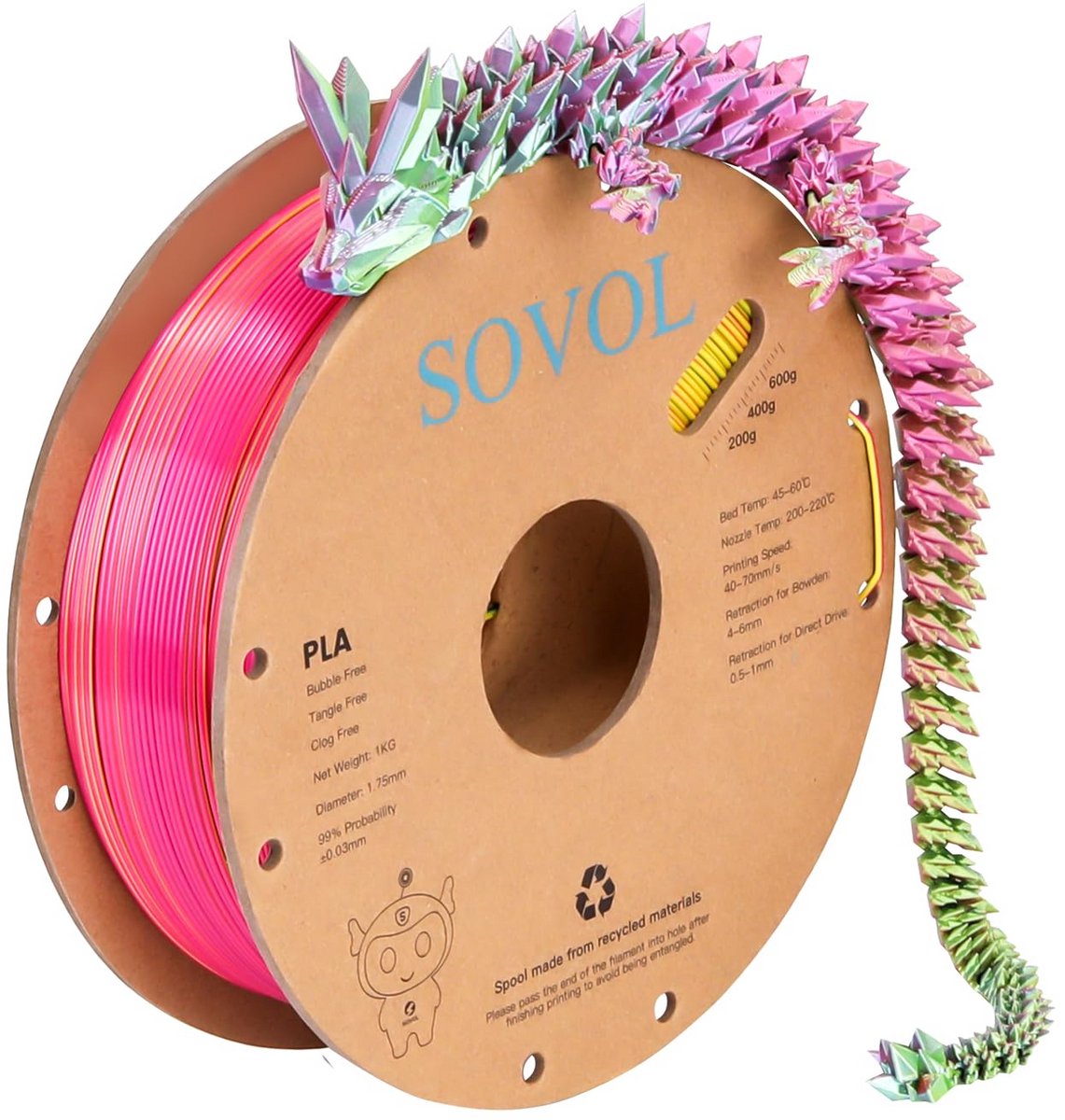 Zijden PLA Filament 1.75 mm - Tri-Color Roze Blauw Geel - Glanzend 3D Printer Gloeidraad 1kg