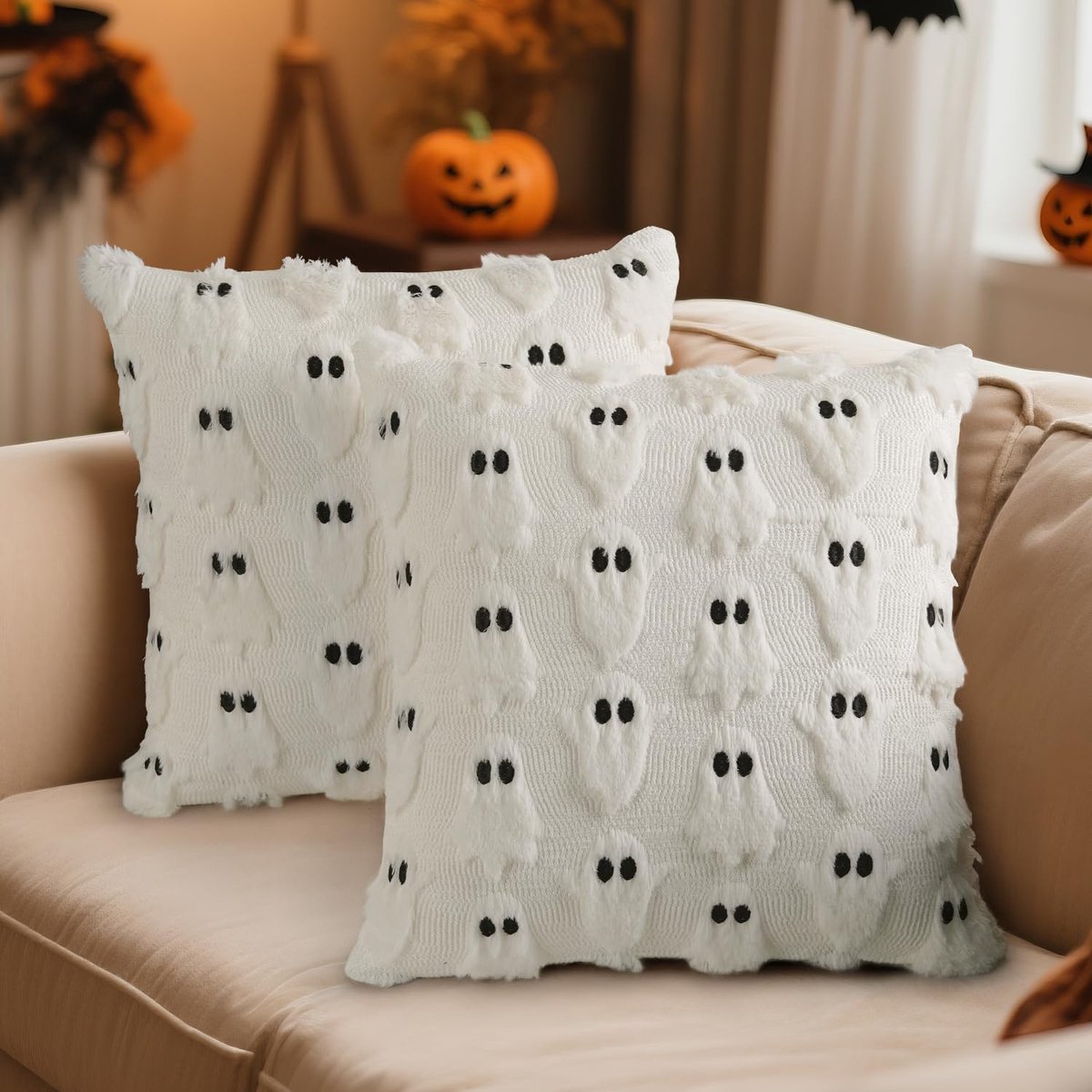 Unyqoos Set van 2 decoratieve kussenhoezen voor herfst en Halloween sfeer Wit