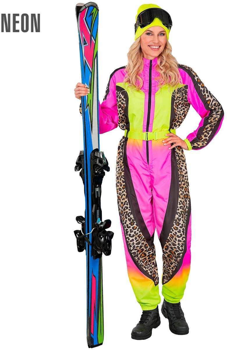 Fout Ski Pak Snowboarder Luipaard Roze/Geel - Retro Skipak | Jaren 80 Foute Kleding