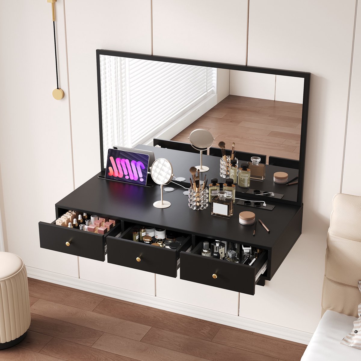 STILVORA Kaptafel - Hangende Make-Up Tafel Met Spiegel En Stopcontact - 3 Laden Met Tablet