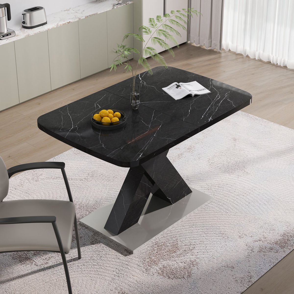 STILVORA Eettafel - Uittrekbaar Rechthoekig 120-160x80x76,5 cm - Gedrukt Zwart Marmer Blad - MDF X-Poten Met Stalen Basis - Draagkracht 220 lbs - Zwart