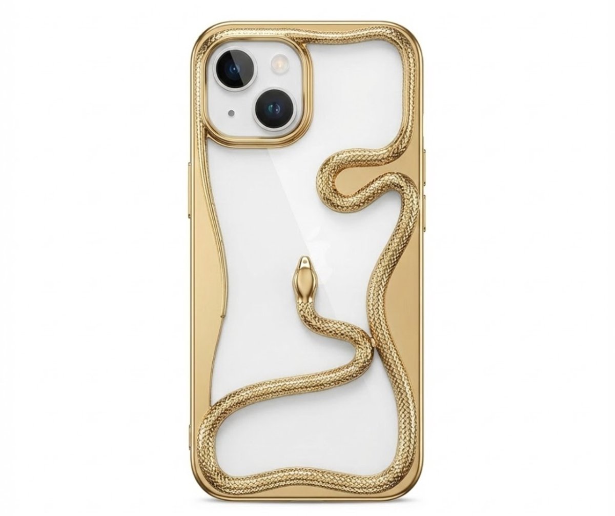 Goudkleurig slang design telefoon hoesje geschikt voor iPhone 13 dames en heren met 3D reliëf slang detail, zachte TPU backcover met electroplating rand en effen kleur afwerking