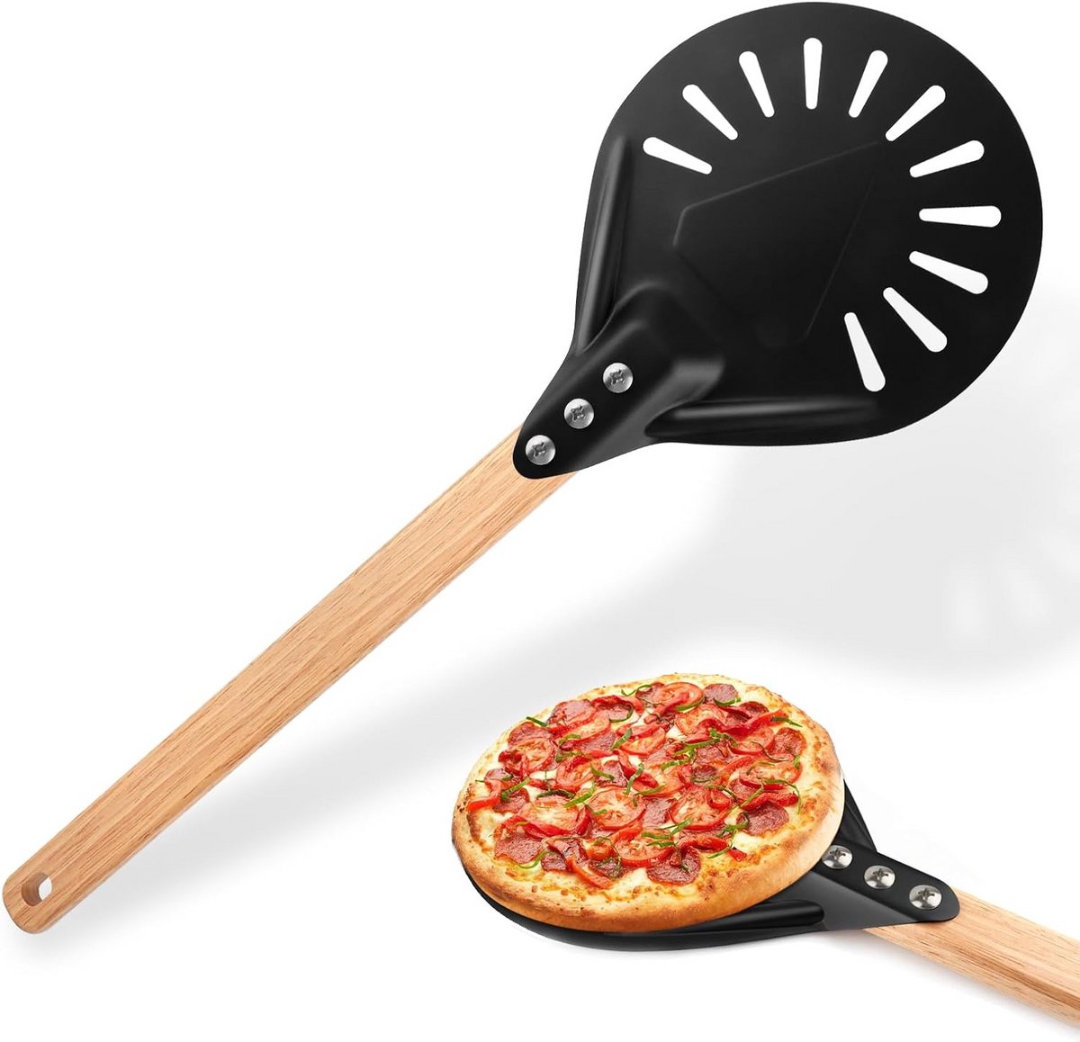 Geperforeerde Pizzaschep 18 cm Aluminium met Houten Handvat voor Oven en Bakken