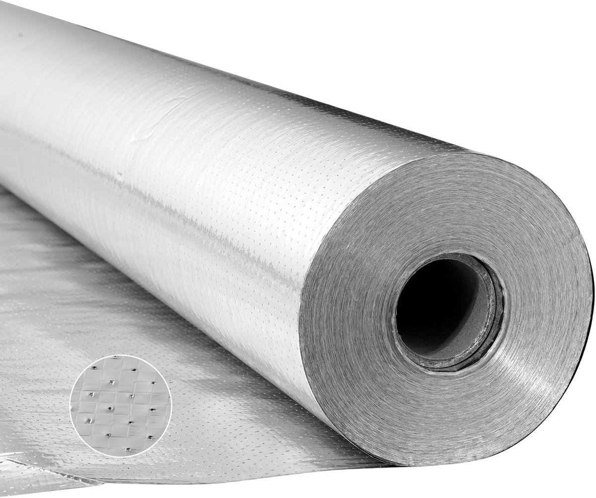 VEVOR Isolatiefolie, Reflecterende Geperforeerde Textielfolie, 0,15 mm, 122 cm x 38,1 m, Dubbelzijdige Aluminiumfolie Warmte-isolatierol voor Ramen en Camperdaken