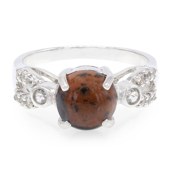 Cavill Bague Argentée Acajou Obsidienne 1,4 ct avec Topaze Blanche 925 Argent Sterling Élégante Pierres Précieuses Naturelles Cabochon Bague
