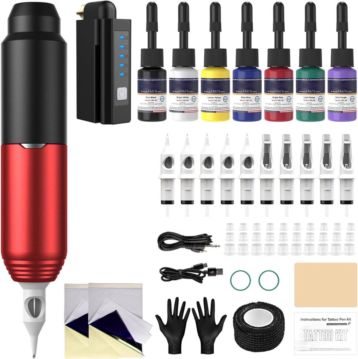 Tattoo Machine met Accessoires - Tattoo Machines Draadloos - Tattoo Set Inclusief Inkt en Naalden - Zwart met Rood