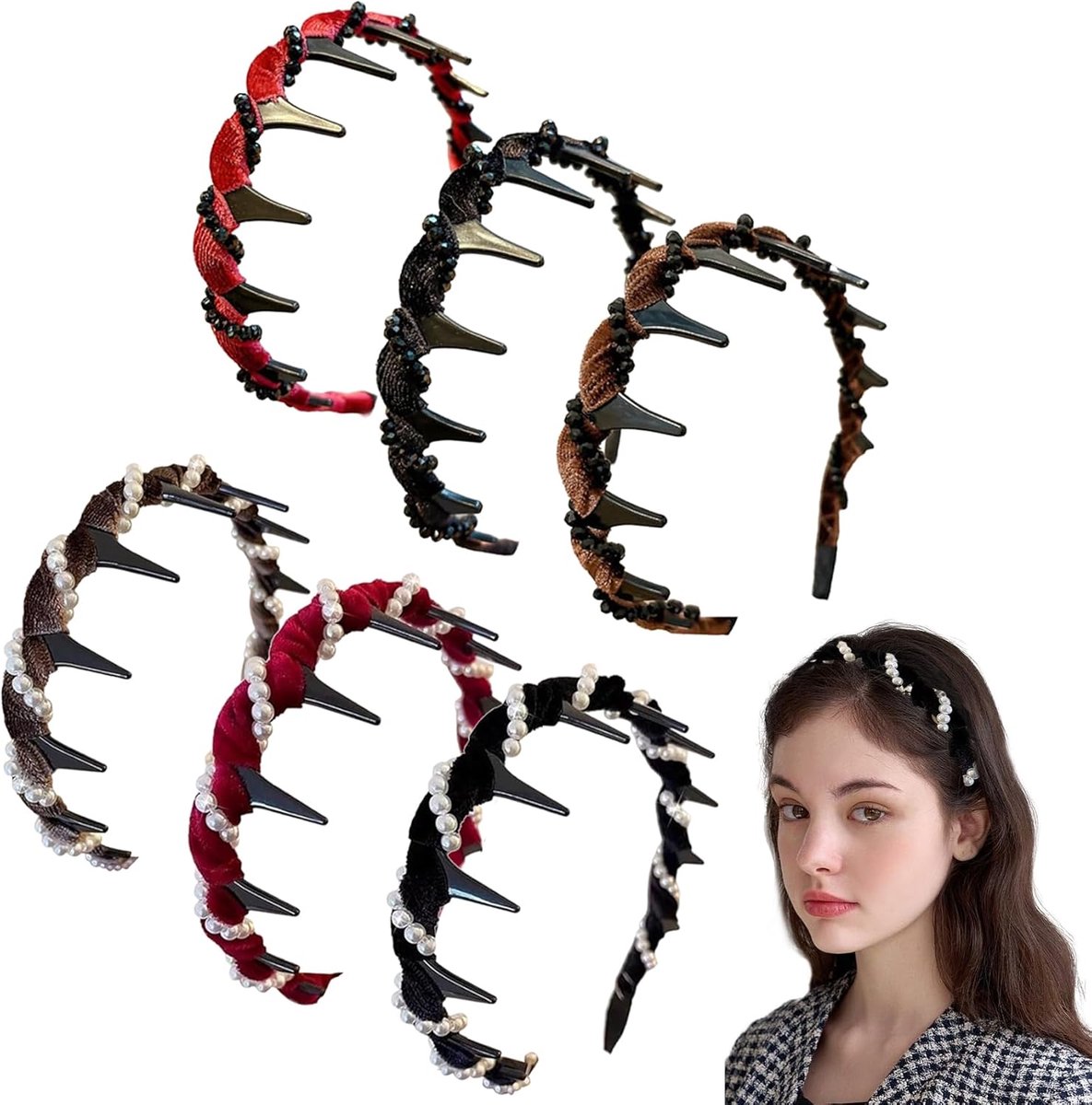 Een set van 6 retro haarbanden voor dames | Versierd met imitatieparels | Geschikt voor vrouwen en meisjes | Antislip ontwerp | Creëert gemakkelijk een volumineuze look | voor feestjes, bruiloften, thuis en andere gelegenheden|Cyslmuk®