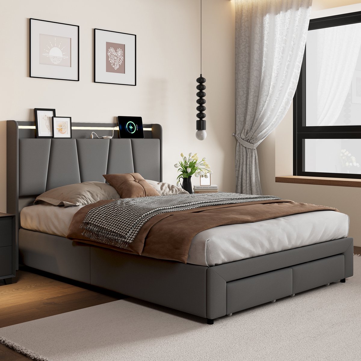 Gestoffeerd bed 140 x 190 cm, tweepersoonsbed met USB-aansluiting en LED-verlichting in het hoofdeinde en 2 lades, bed 140 x 190 cm met lattenbodem, hydraulisch opbergbed voor volwassenen en tieners, donkergrijs, linnen, zonder matras
