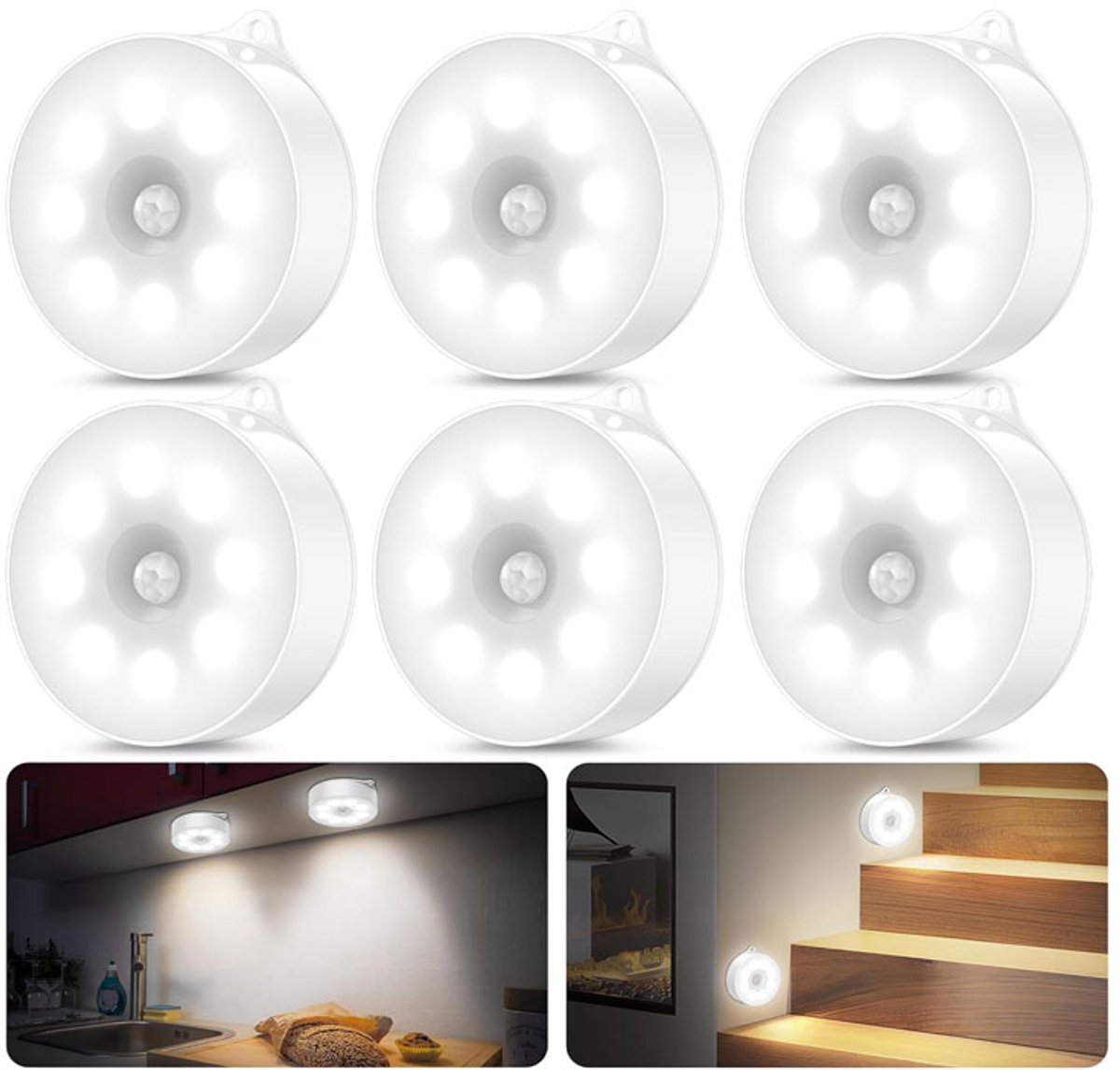 longziming -6*LED Nachtlamp met Bewegingssensor – Automatisch Aan/Uit – Zacht Warm Licht – Magnetisch & 3M Bevestiging