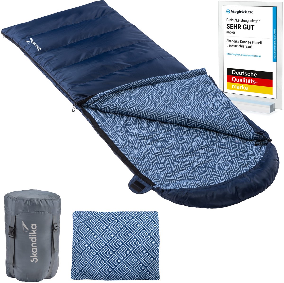 Skandika deken slaapzak Dundee flanel - Katoen, luxe kwaliteit, koppelbaar, tweepersoons slaapzak, 3 seizoenen, tot -20°C, 220 x 80 cm / 220 x 160 cm | Outdoor camping slaapzak