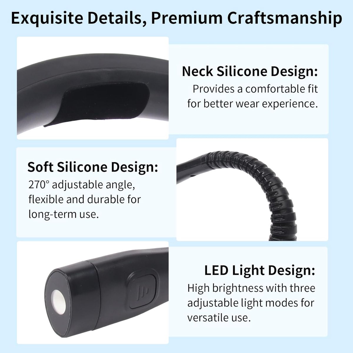 1 stuk - Neklamp - Leeslamp - Boeklamp - Leeslamp met drie kleuren en negen helderheidsniveaus - Flexibele neklamp - Oplaadbaar - Compact en draagbaar - Geschikt om te lezen in bed, te breien of te kamperen - Zwart - 20,3*17,8*2,3 cm — cadeau in Gadgets - foto 2