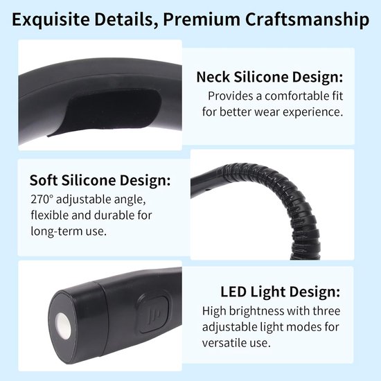 1 stuk - Neklamp - Leeslamp - Boeklamp - Leeslamp met drie kleuren en negen helderheidsniveaus - Flexibele neklamp - Oplaadbaar - Compact en draagbaar - Geschikt om te lezen in bed, te breien of te kamperen - Zwart - 20,3*17,8*2,3 cm van Merkloos — afbeelding 2