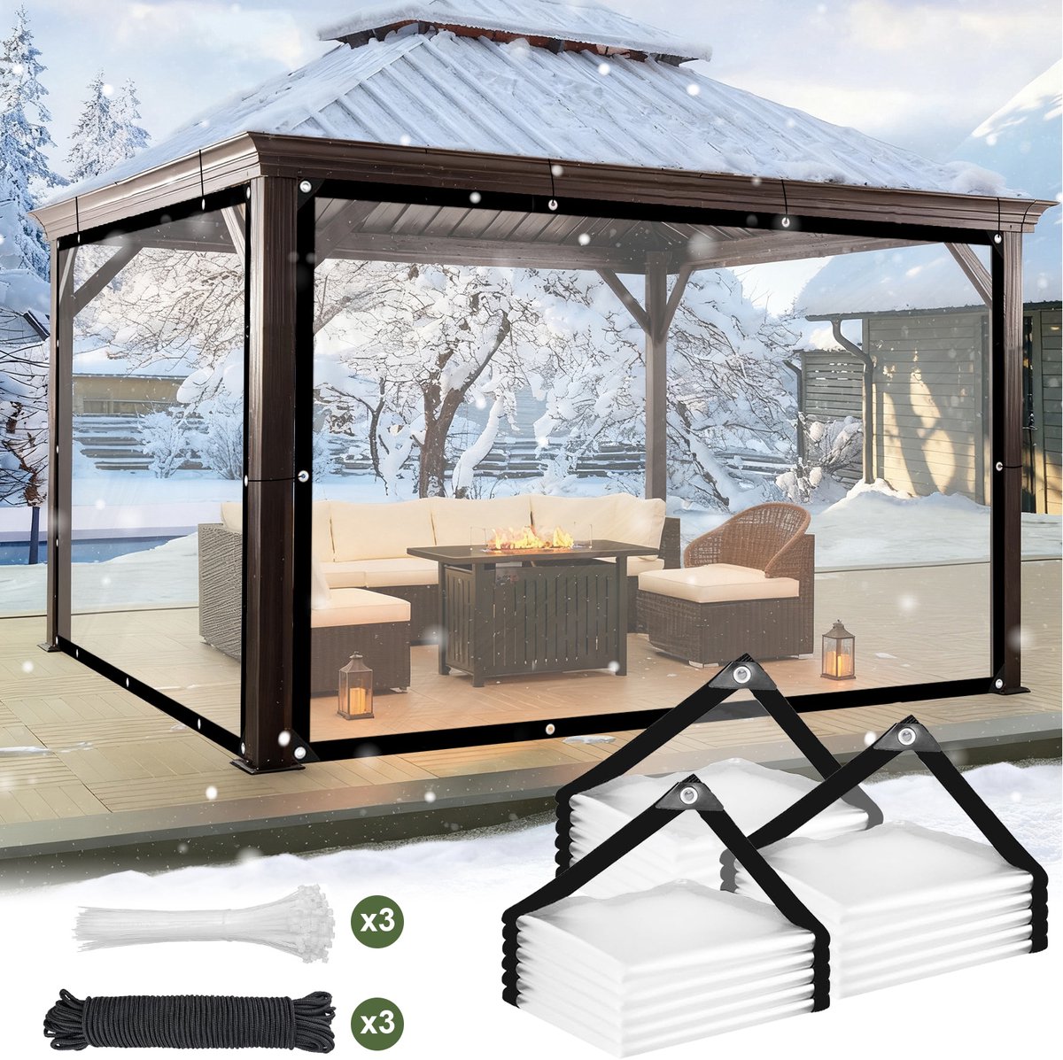 MUPOO Set van 3 Transparant Afdekzeil 100% Waterdichte - 5 x 3 m - PE Scheurbestendig Zeil - met Versterkte Randen en Metalen Zeilringen - Winddicht Dekkleden - voor Buiten Tuinmeubelen - Warmte-isolatie voor Planten