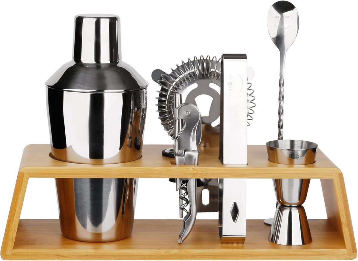 Complete Bar Gereedschap Set met 8 Stuks - Cocktail Shaker, IJstang, Jigger en Bamboe Presentatiestandaard