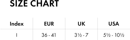 Maattabel met Index, EUR, UK, en USA maten.