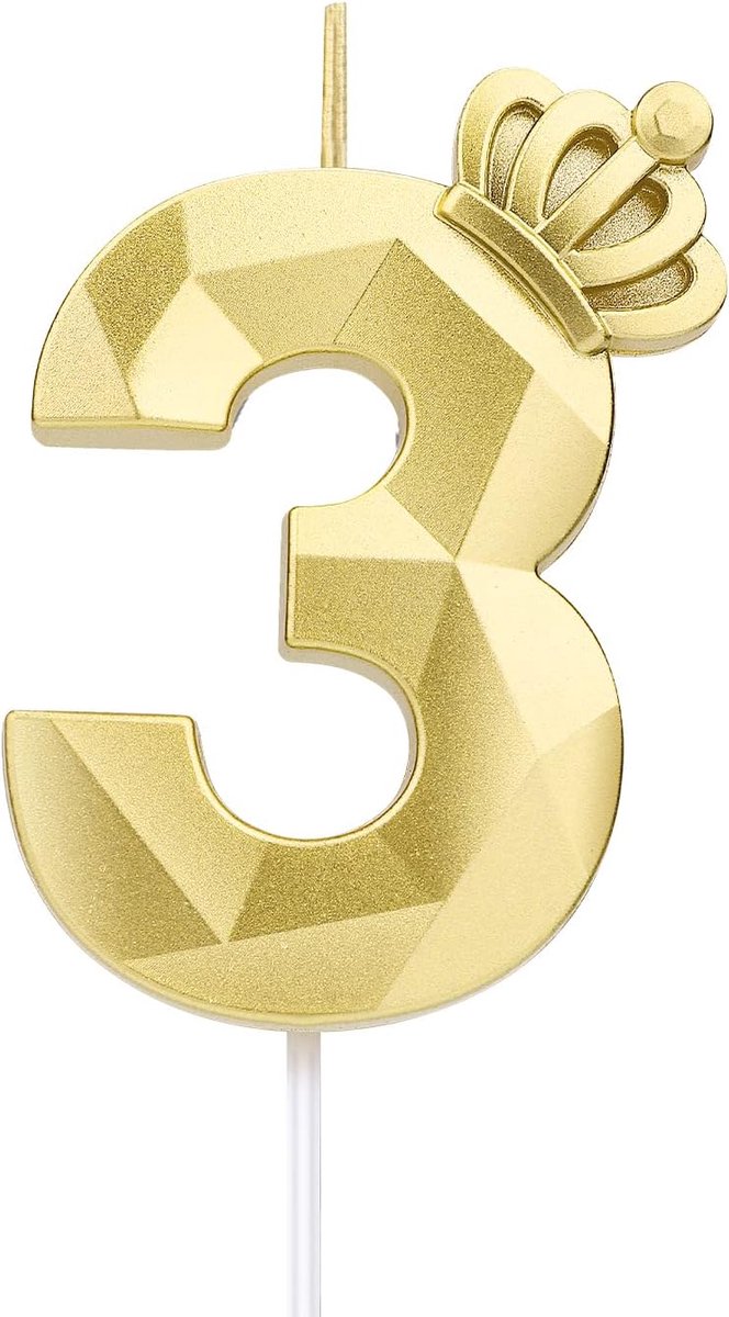 Famanu – Gouden verjaardagskaars cijfer 3 met kroon grote 3D taarttopper met luxe uitstraling
