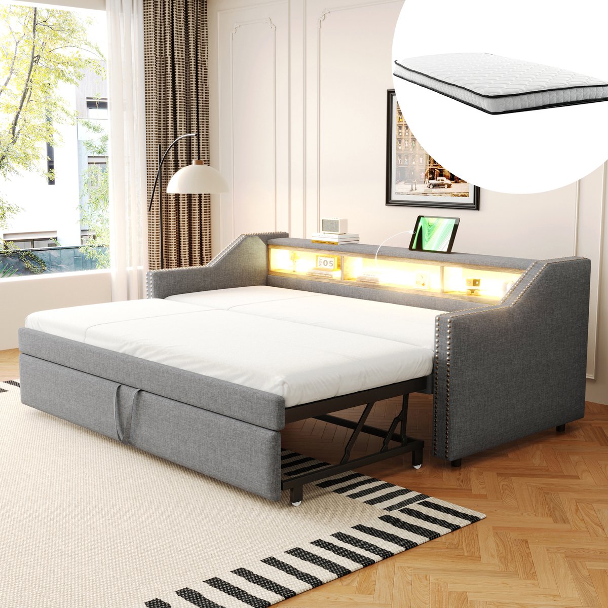 HAUSS SPOLE Gestoffeerd Bed 90/180 x 190 cm - Uittrekbaar met Lattenrost en USB-Poort - met Twee Matrassen - Linnen Bekleding - Lichtgrijs