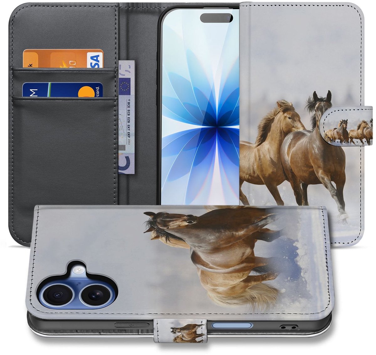 Book Case iPhone 17 Paarden Motief Met Pasjes Magneetsluiting