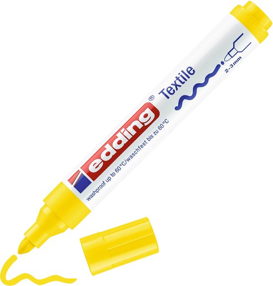 Gele Edding textielstift met dop ernaast. Textiel, washproof tot 60°C.
