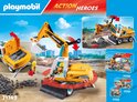 Playmobil "Action Heroes" graafmachine, met opengewerkte motorkap, gelefirmasi, bestuurder en accessoires.