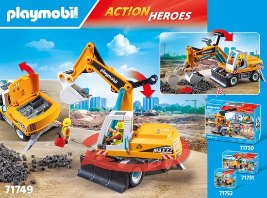 Playmobil "Action Heroes" graafmachine, met opengewerkte motorkap, gelefirmasi, bestuurder en accessoires.