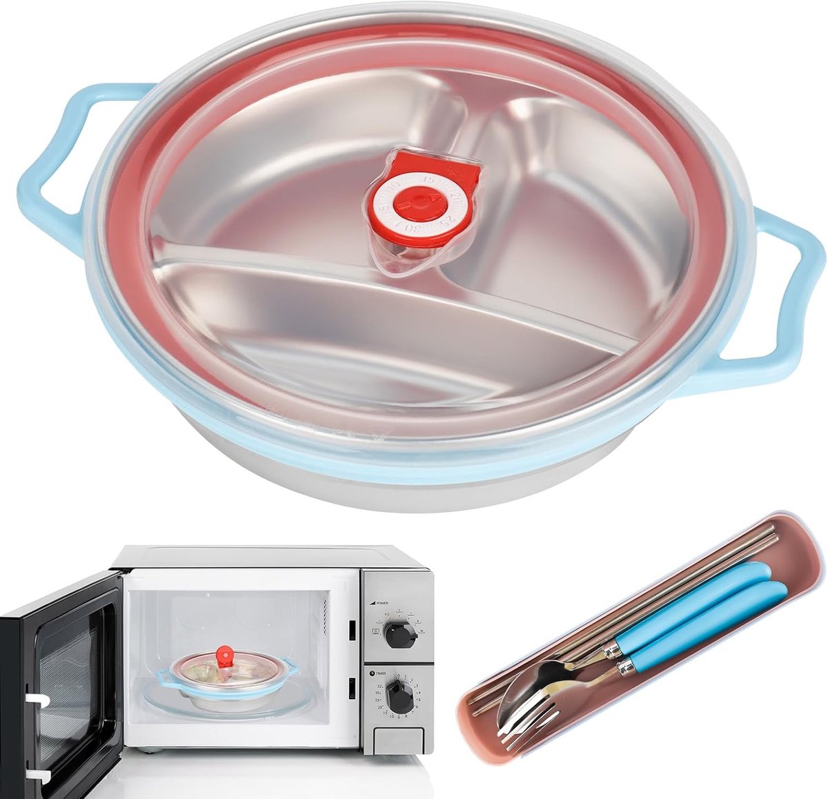 Microwave Plate 850 ml - Magnetron Schaal met Deksel - Magnetron Schotel met 3 Compartimenten en Ventilatie - Magnetron Servies met Bestek - BPA Vrij - Blauw