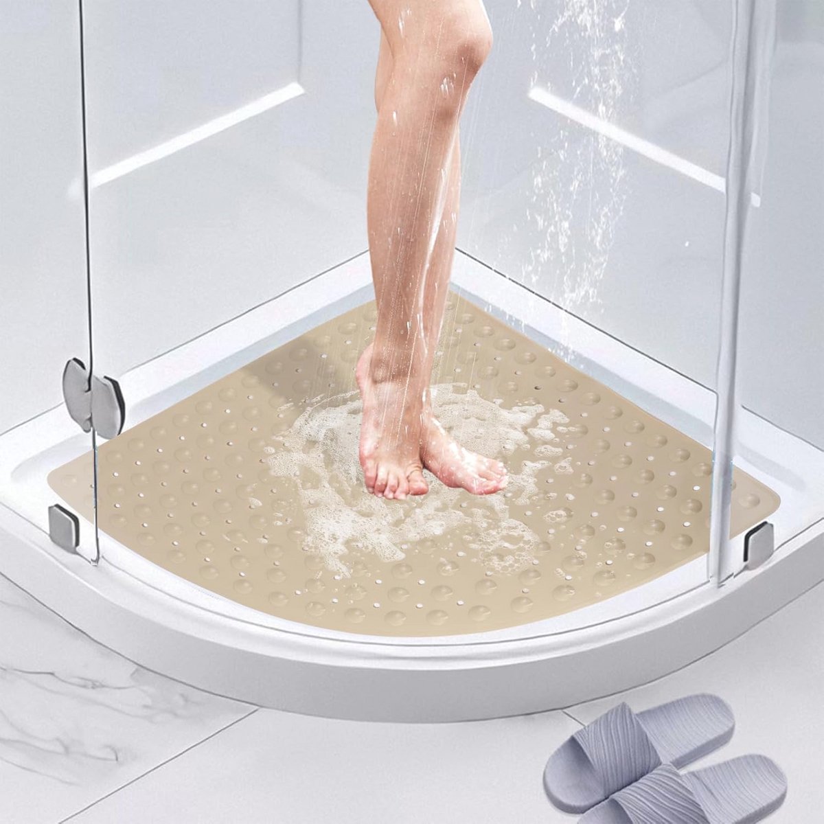 Hoekdouchemat 70 x 70 cm - Antislip Badmat voor Binnen en Buiten - Douchemats met Zuignappen en Afvoergaten - Wit