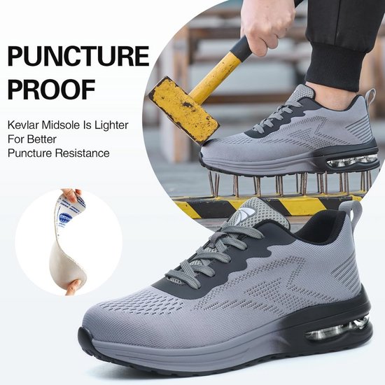 OFFCUP Veiligheidsschoenen voor heren en dames, waterdicht met stalen neus, werkschoenen, snijbescherming, antislip, licht, enkelhoog, lederen veiligheidsschoenen, kaki, maat 40-44, zwart, 44 EU