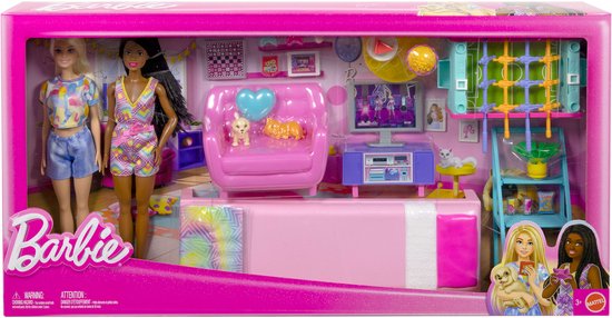 Barbie Speelkamer met 2 poppen en allerlei accessoires -Bed - Bank - Huisdieren - Tafelvoetbal - Kast - Eettafel - Televisie — afbeelding 3