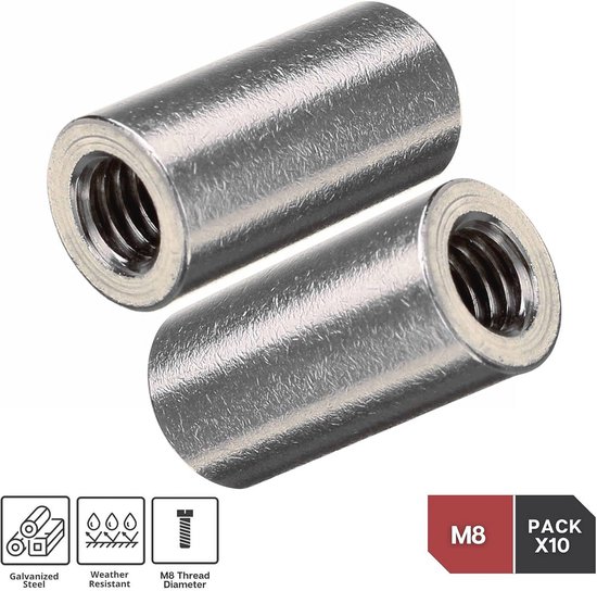 Lange moeren schroefdraad M8 - Pack van 10 | Ronde stalen moeren voor