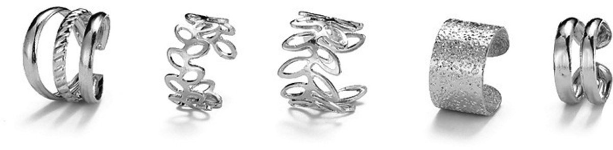 5-delige nep helix set - Ear cuffs - Zivleren oorklemmetjes - Neppiercings - Nepoorbellen - Sieraden - Zilverkleurig - Jonyx