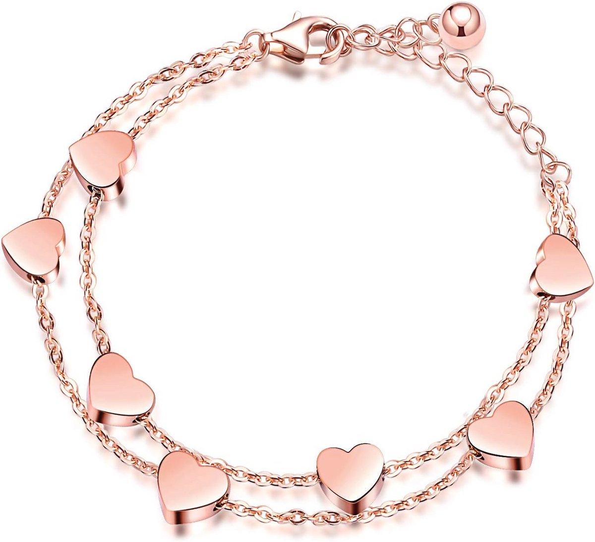 Gelaagde Damesarmband met Hartjes en Dubbele Ketting - Roestvrij Staal, 14 cm
