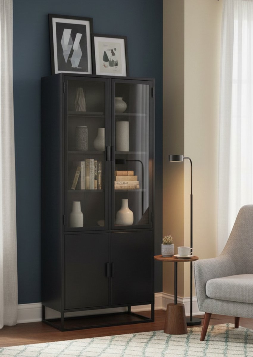 Vitrinekast Industrieel Zwart Metaal 80x40x190 cm – Hoge Opbergkast met Glazen Deuren, Opvouwbaar en Modern Design voor Woonkamer, Keuken of Kantoor – Altameubel